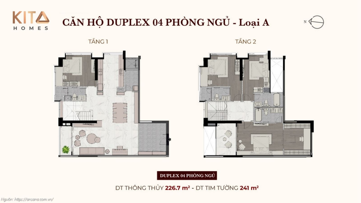 Thiết kế căn hộ Duplex 4 phòng ngủ thông tầng diện tích 241m2 tại Ansana by Kita
