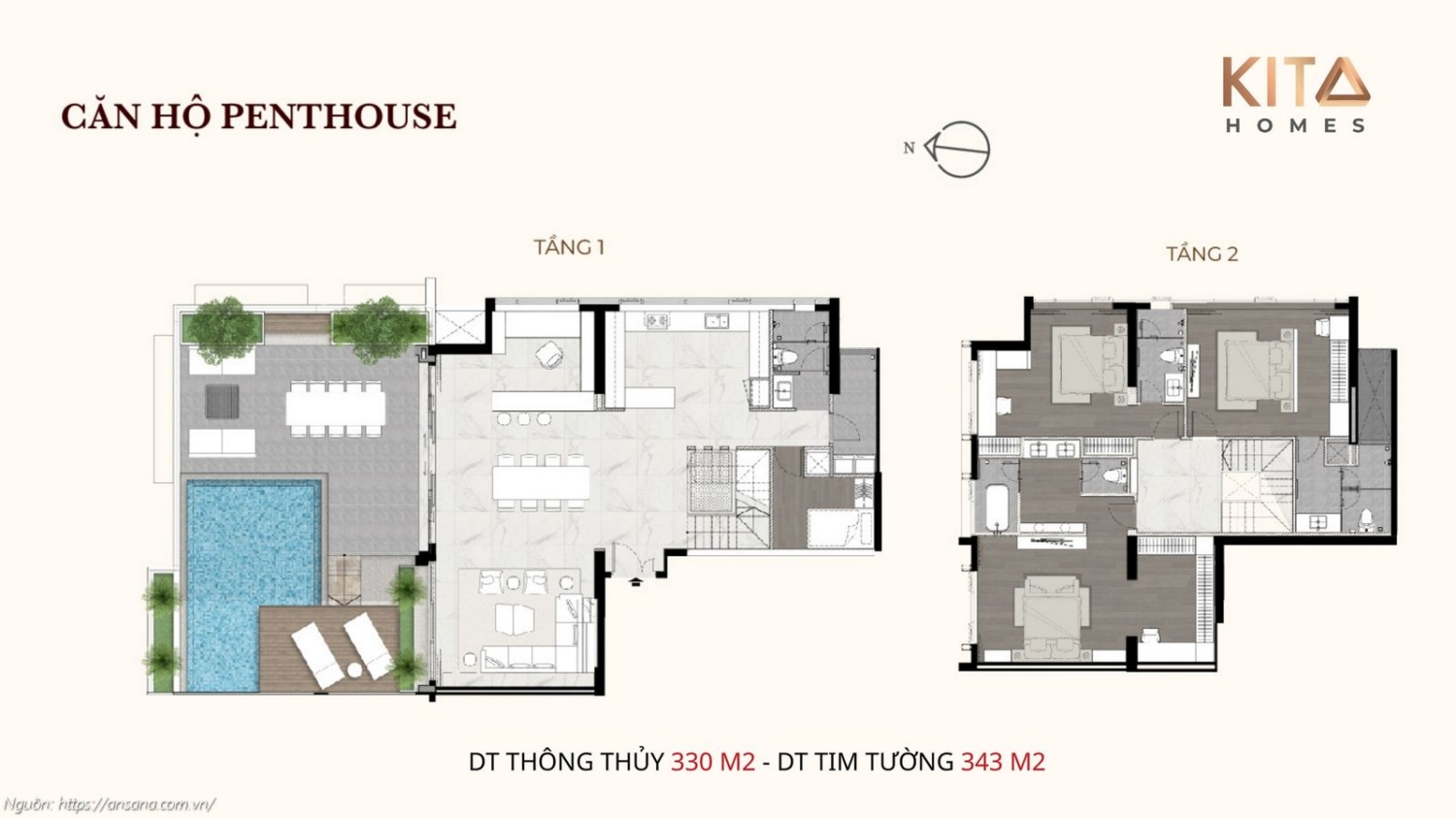 Thiết kế căn hộ Penthouse diện tích 330m2 đẳng cấp tại dự án Ansana by Kita