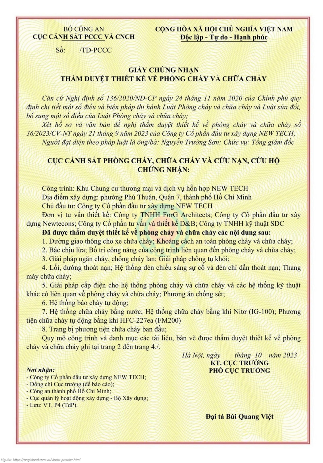 Giấy chứng nhận thẩm duyệt thiết kế phòng cháy chữa cháy dự án Vlasta Premier Quận 7