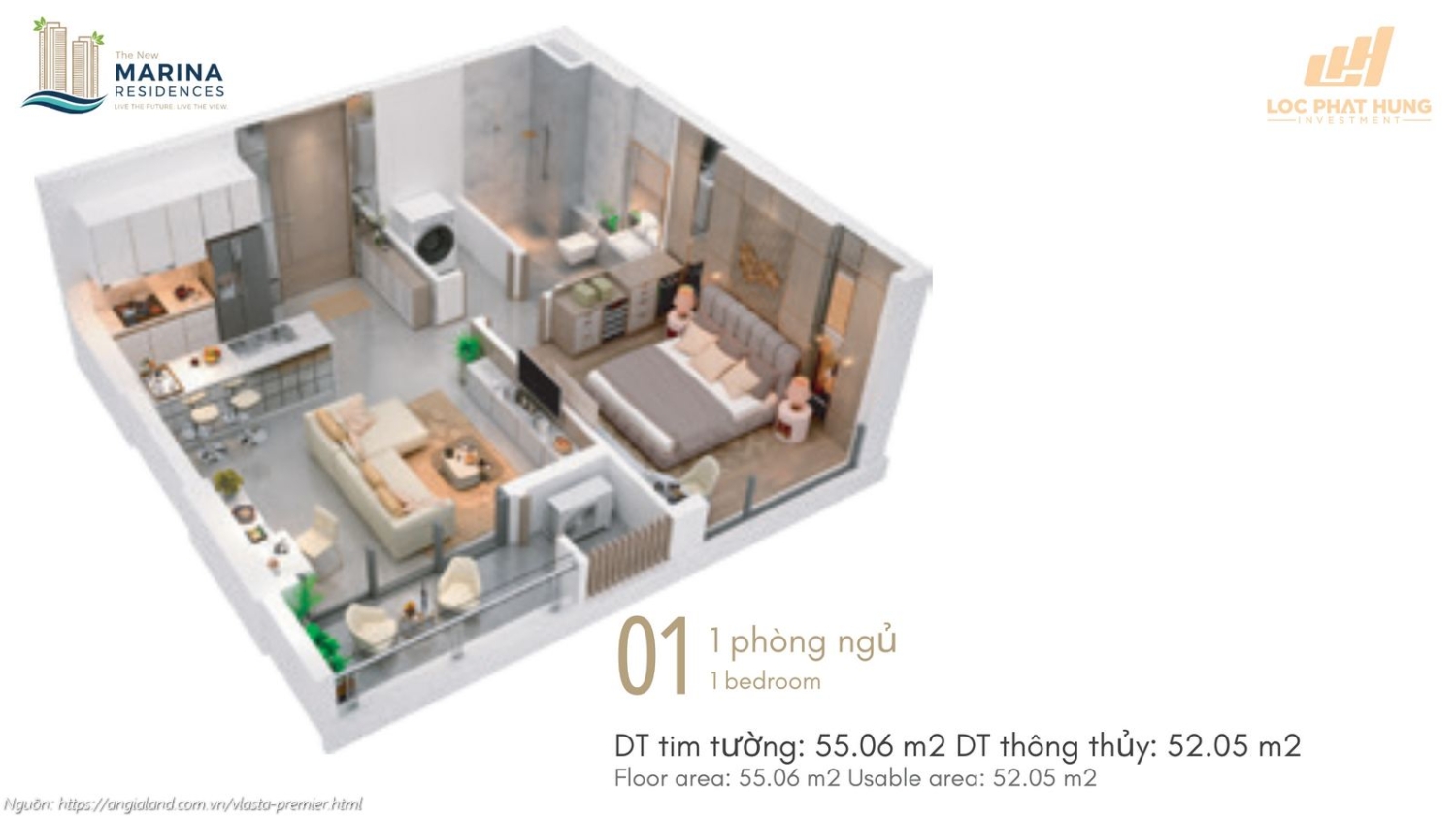 Thiết kế chi tiết căn hộ số 01 (1 phòng ngủ) diện tích 55.06 m2 dự án Vlasta Premier Quận 7